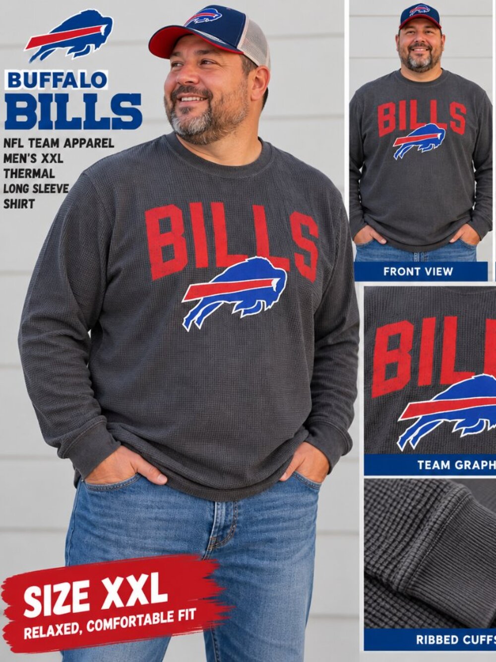 Buffalo Bills NFL Team Apparel Men's XXL Thermal Waffle Knit Long Sleeve Shirt